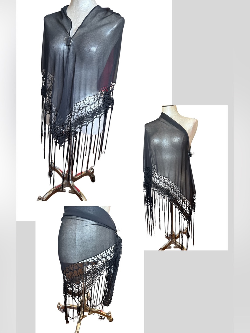 Black Sheer Chiffon Lace Fringe Shawl Wrap Scarf Mesh Crochet Boho Goth OS
